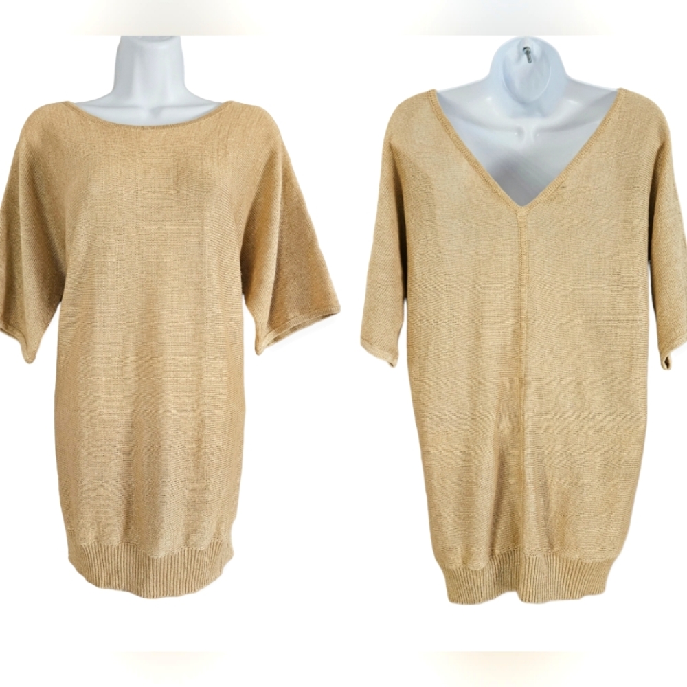 Talbots tan gold V-back metallic linen blend sweater Womens Large